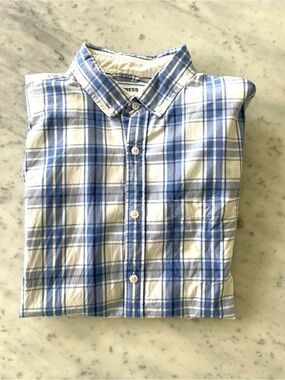 Men’s Express blue and white plaid 100% cotton long sleeve button down shirt.